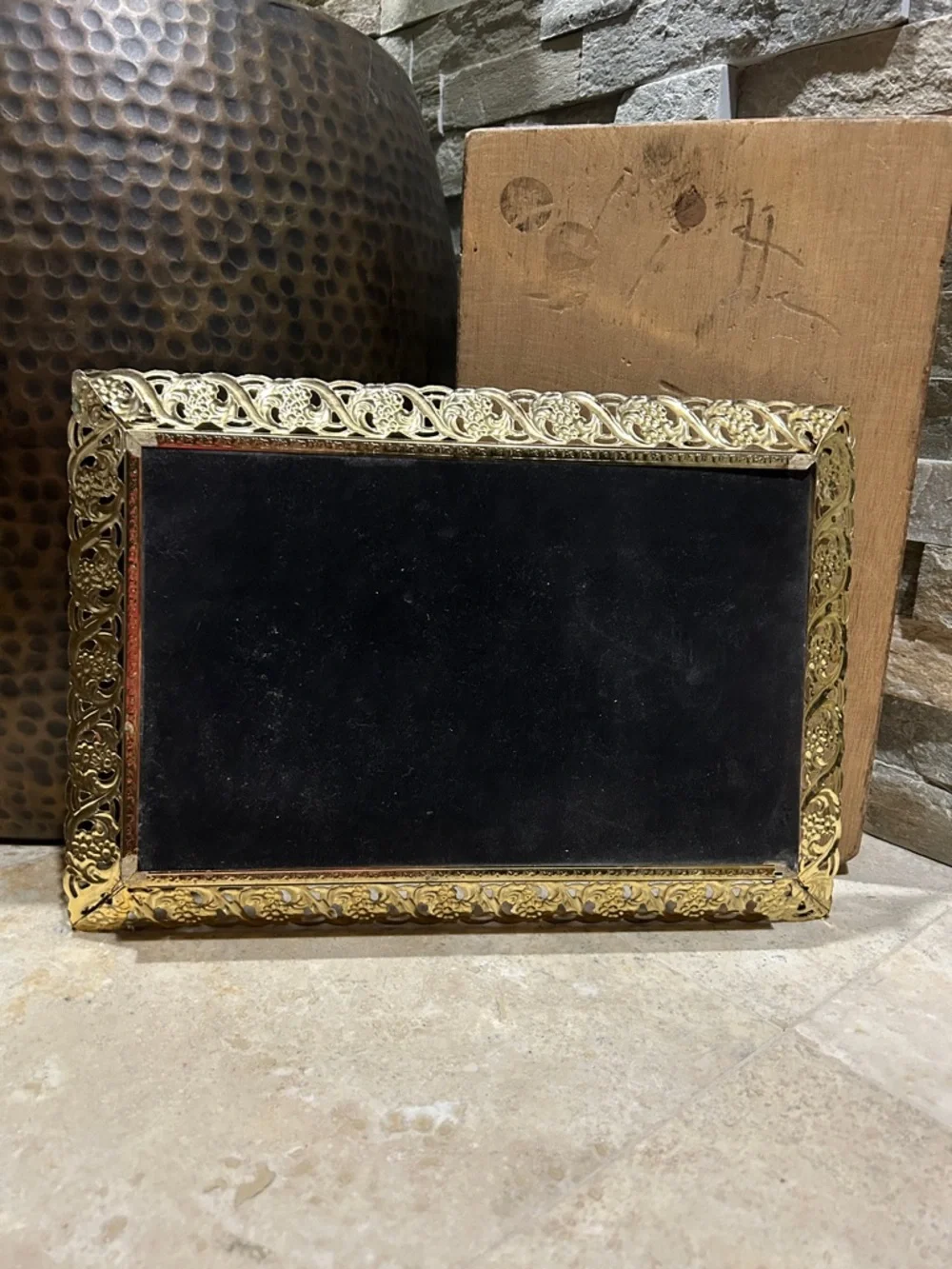 Ornate Vintage Hollywood Regency Gold Filigree Mirrored Vanity Tray